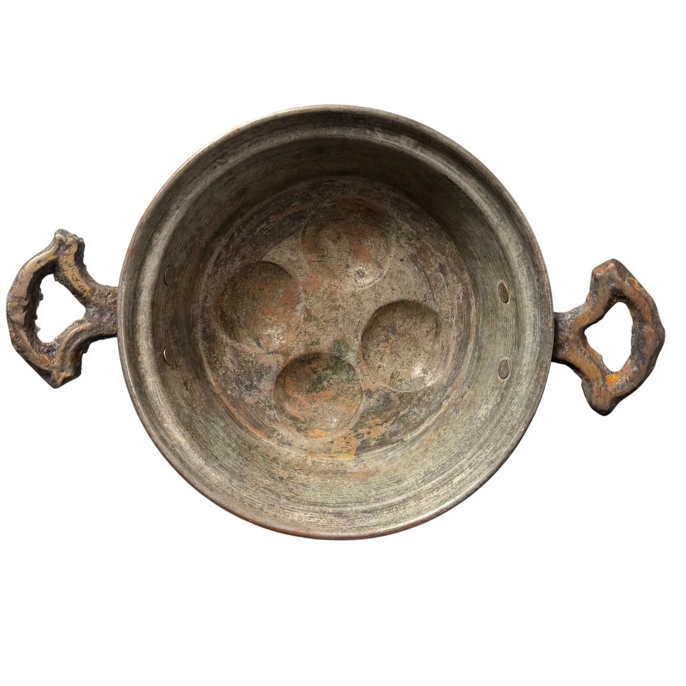 Antique Copper Escargot Poached Egg Pan 4‎ Well Brass Handles Rustic Cookware